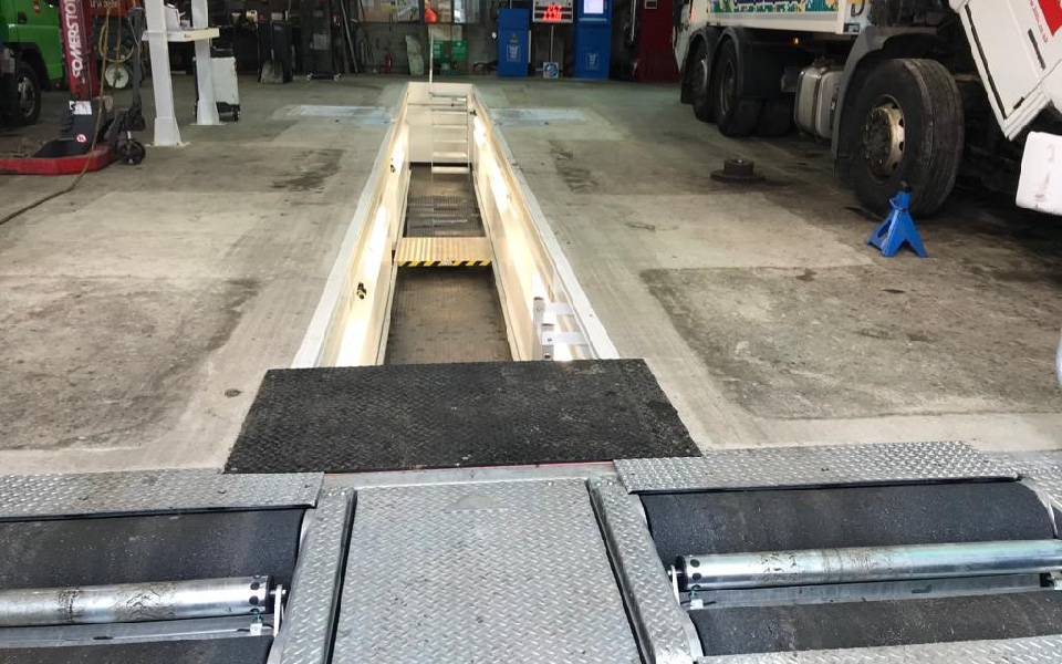 Commercial brake testers and 13m prefabricated steel vehicle inspection pit, part of our CCS garage equipment installation and workshop refurbishment for Biffa, Anglesey in North Wales