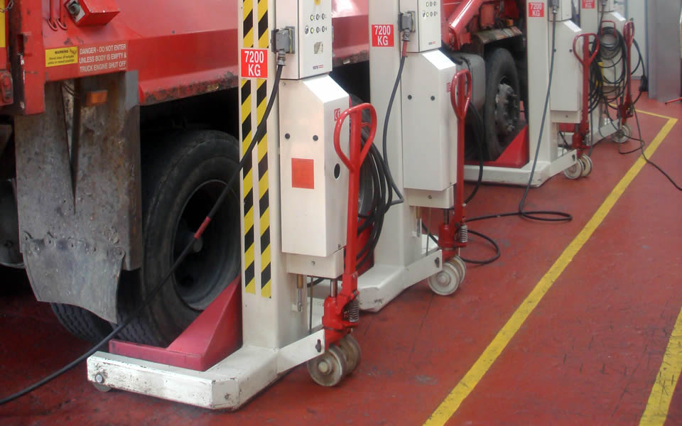 Garage equipment supply and installation by CCS Garage Equipment of mobile column vehicle lifts for versatile lifting of Refuse Collection Vehicles at Biffa, Tipton. Mobile column lifts are adaptable to lift a wide range of vehicles, and can be moved and stored elsewhere in the workshop when not in use.