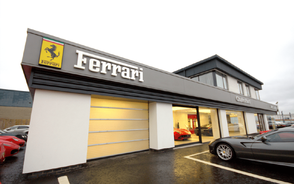 Exterior of Charles Hurst’s Ferrari and Maserati dealership’s new showroom and workshop building in Belfast, Northern Ireland