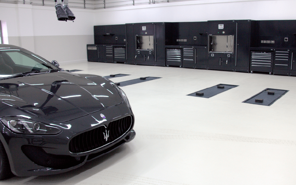 Custom Dura workshop furniture with integrated data, power and ancillary systems installed at Charles Hurst Ferrari and Maserati in Northern Ireland
