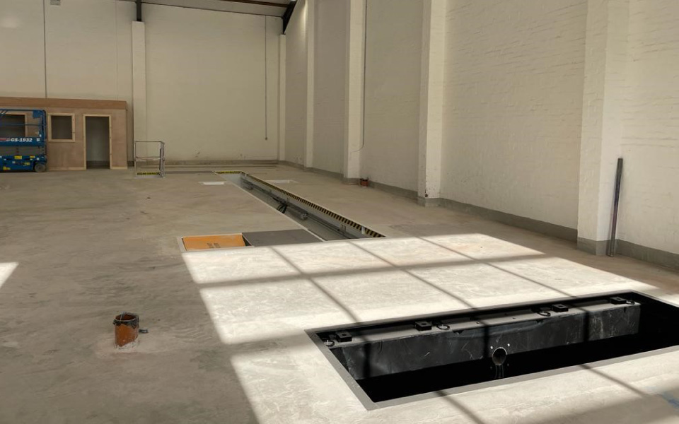 Groundworks recess prepared to receive new commercial brake tester at Diamond Trucks' Warrington site, Cheshire