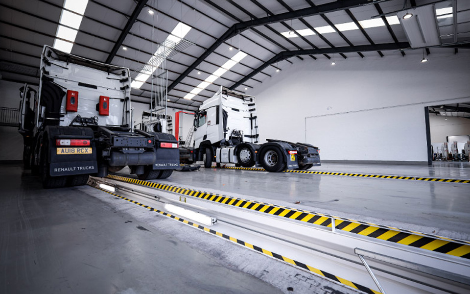 Prefabricated steel inspection pits in operation at Diamond Trucks' Warrington site, offering safe access to commercial vehicles during servicing, inspection and maintenance.