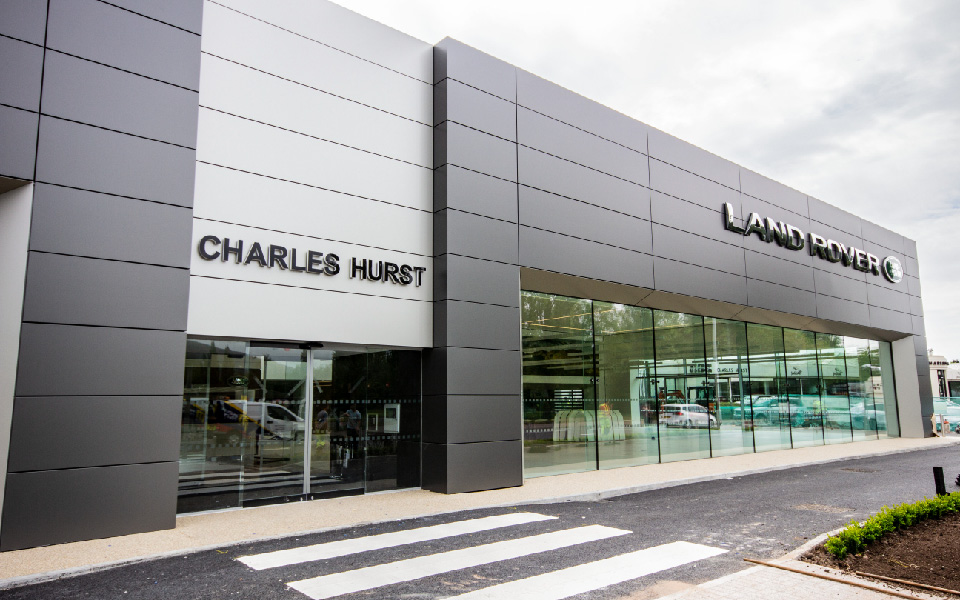 Exterior of new-build, Jaguar Land Rover dealership and vehicle servicing facility by CCS Garage Equipment in Belfast, Northern Ireland