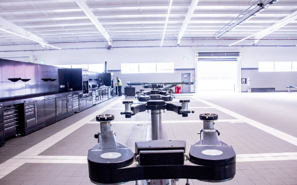 Garage equipment installation by CCS Garage Equipment incorporating industry-leading vehicle lifts, lifting platforms, wheel alignment technology and spacious design for safe workshop operations