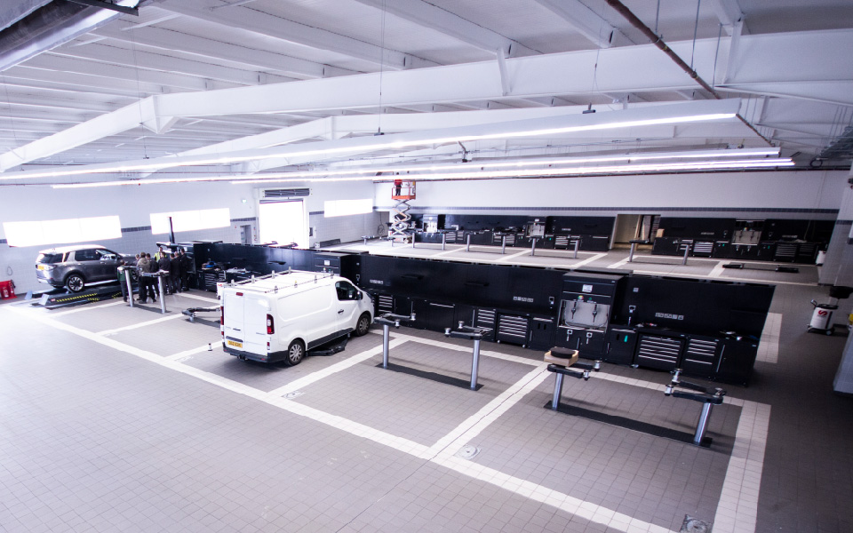 Garage equipment installation of Dura workshop furniture and 24-bay servicing centre at Jaguar Land Rover in Belfast by CCS Garage Equipment