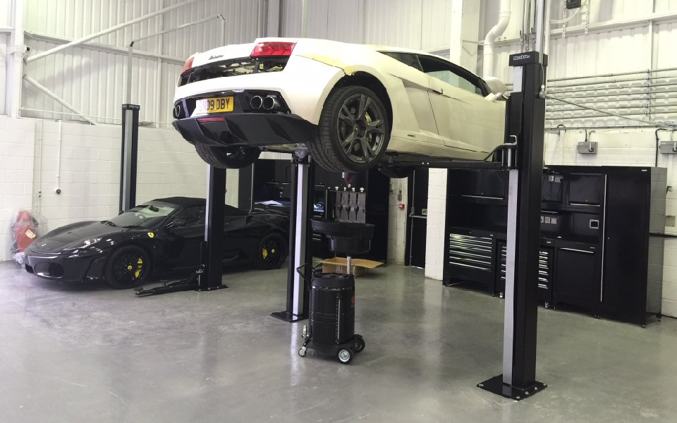 Nussbaum 2-post Smart Lifts adapted to suit low-profile and sports vehicles, specified and installed by CCS Garage Equipment for Lamborghini, Stockport