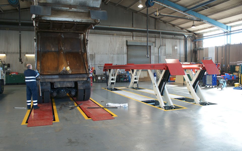 Twin recessed Stertil Koni commercial vehicle lifting platforms installed by CCS Garage Equipment for Poole Council, offering excellent lifting capacity for HGVs and local authority vehicles