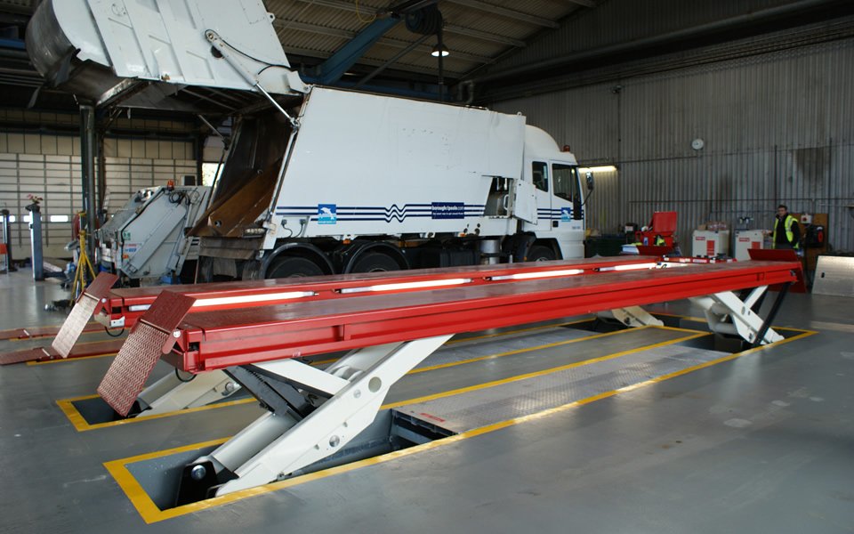 Garage equipment installation of commercial vehicle lift platforms in local authority vehicle maintenance workshop, suitable for HGVs, installed by CCS Garage Equipment