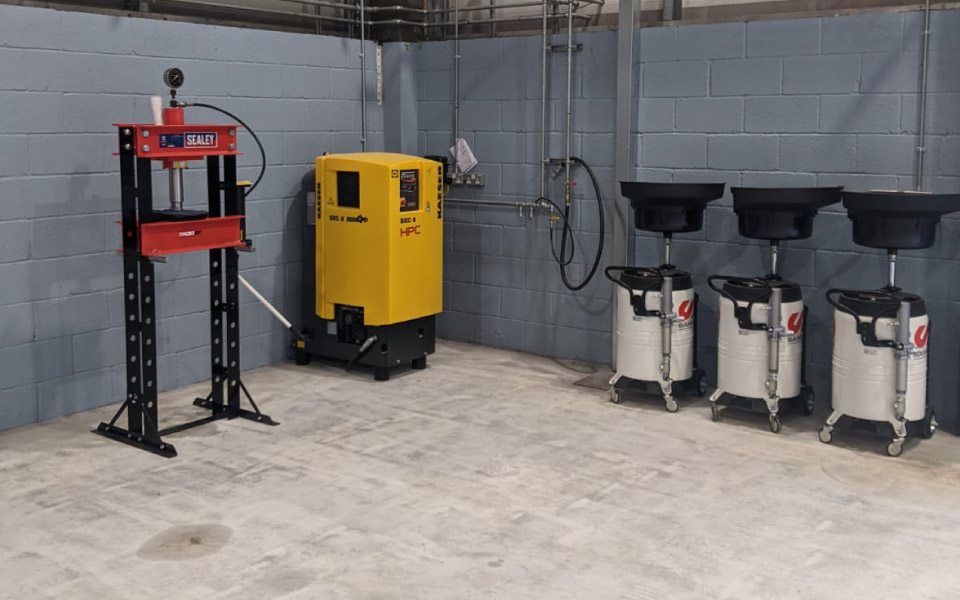 Supply of compressed air and lubrication systems by leading manufacturers as part of our complete emergency services garage equipment installation for this ambulance service client