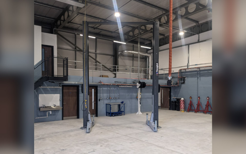 Installation of 7T 2-post fixed commercial vehicle lift for South Western Ambulance Service's new emergency services vehicle maintenance workshop in Chippenham, Wiltshire