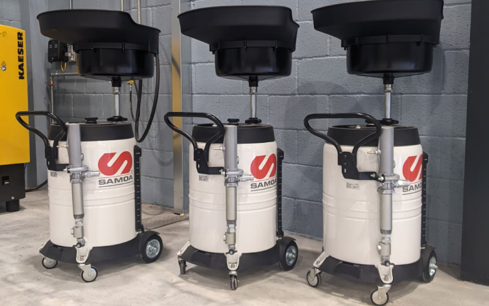 Lubrication equipment by trusted manufacturer Samoa, specified by CCS for South Western Ambulance Service, includes waste oil gravity collection units and hose reels 