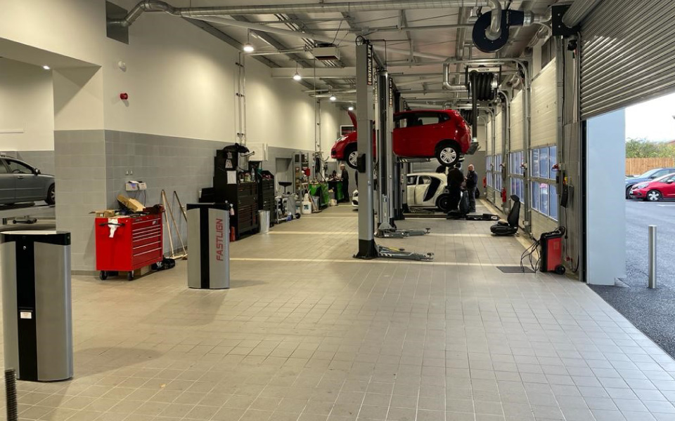 Internal photo of Volvo workshop with Fastlign Install, Riverside Motors Wakefield