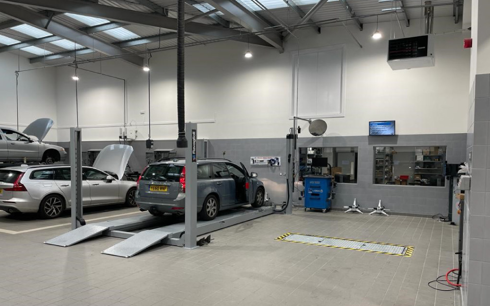 Internal photo of 4 post lift and MOT bay, Riverside Motors Wakefield