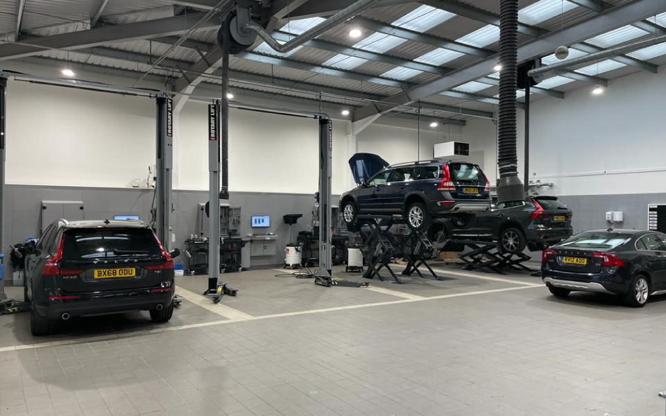 Internal photo of 2 post lift installation, Riverside Motors Wakefield